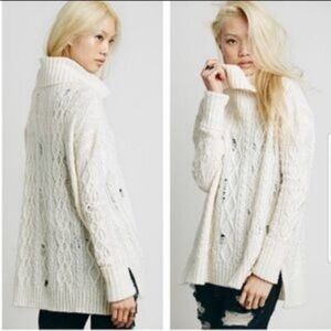 Free People Sweater Complex Cable Knit Cowl neck Ivory Cream Distressed Wool xs